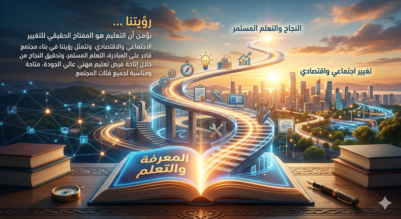 رؤيتنا

نؤمن أن التعليم هو المفتاح الحقيقي للتغيير الاجتماعي والاقتصادي.
وتتمثل رؤيتنا في بناء مجتمع قادر على المبادرة، التعلم المستمر، وتحقيق النجاح من خلال إتاحة فرص تعليم مهني عالي الجودة، متاحة ومناسبة لجميع فئات المجتمع.
אנו מאמינים כי החינוך הוא המפתח המרכזי לשינוי חברתי וכלכלי.
חזון המכללה הוא לבנות קהילה יוזמת, לומדת ומצליחה, באמצעות הנגשת הכשרה מקצועית איכותית, עדכנית וזמינה לכלל האוכלוסייה.